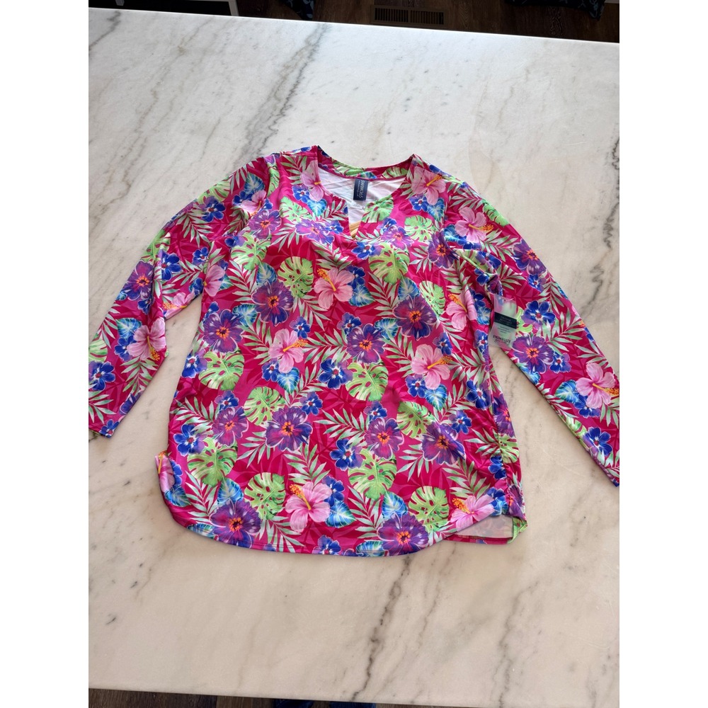 Swimsuits For All Swim365 Rash Guard Top Pink Tropical Floral Size 20 NWT